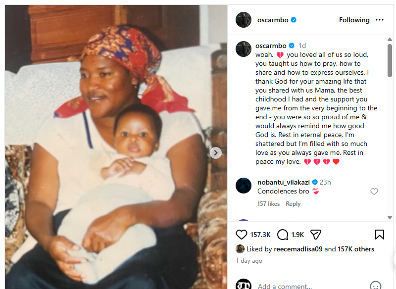 Oscarmbo Oscar Mbo Announces Mother’s Passing In Emotional Tribute Post
